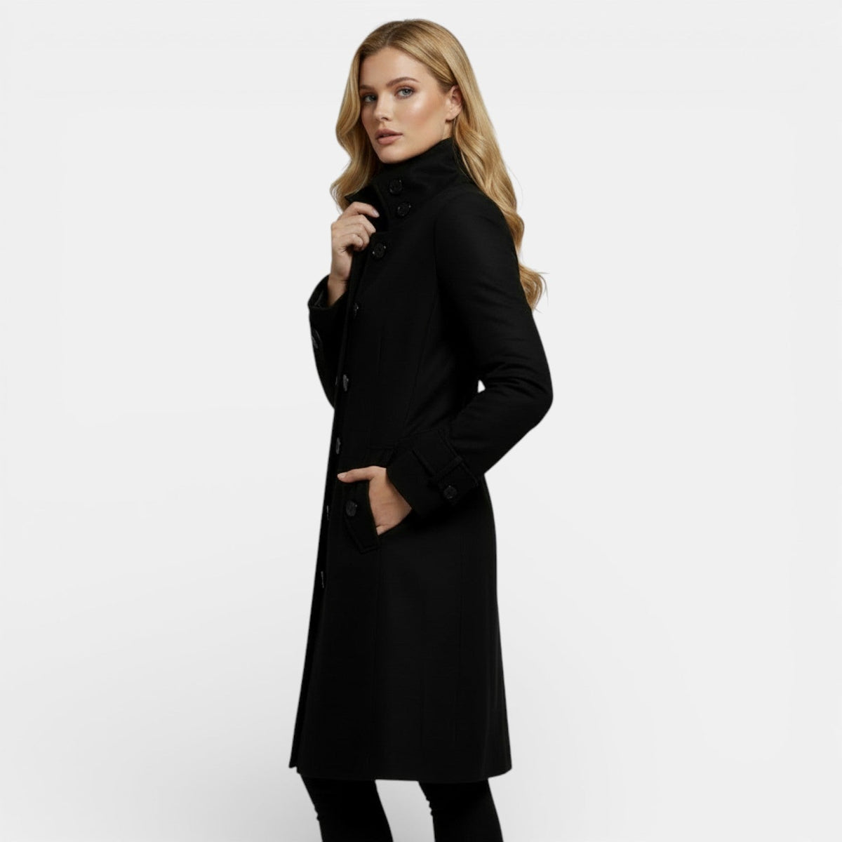 Amandine | Manteau Long Femme Toucher Laine à Col Montant et Coupe Cintrée - vue 4