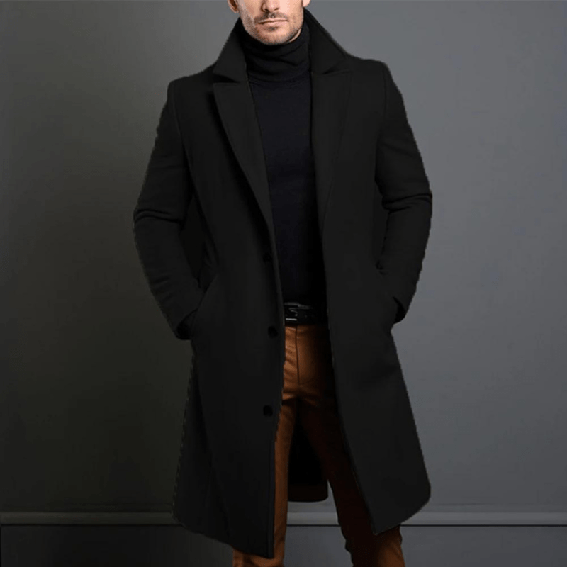 Ambroise | Manteau Long Homme Col Tailleur Toucher Laine - Noir