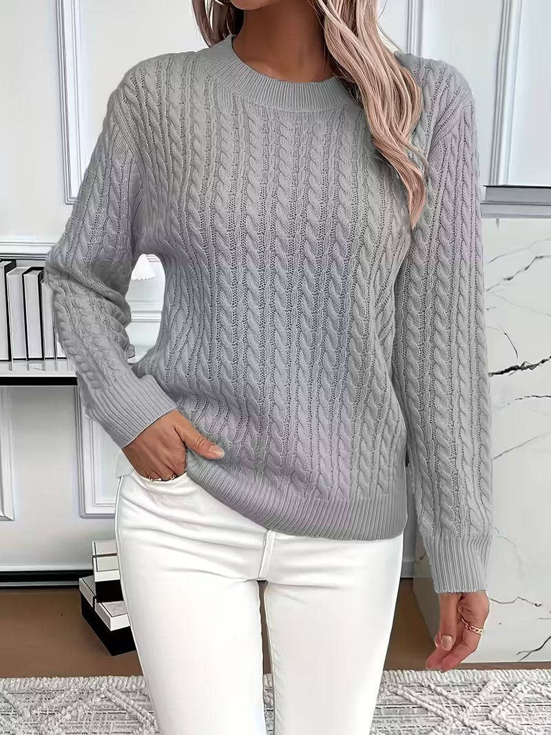 Annabelle | Pull Femme Torsadé Col Rond en Maille Chaude - Gris