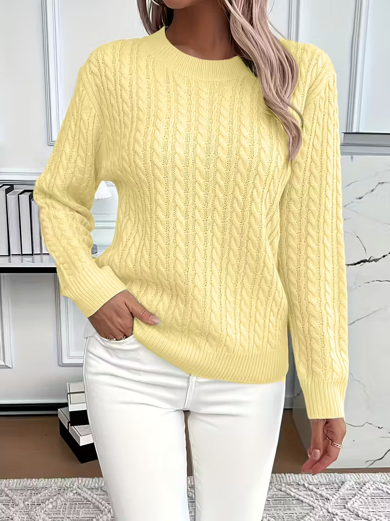 Annabelle | Pull Femme Torsadé Col Rond en Maille Chaude - Jaune pâle
