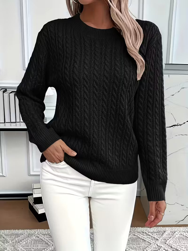Annabelle | Pull Femme Torsadé Col Rond en Maille Chaude - Noir