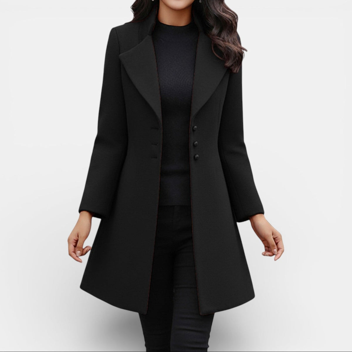 Anouk | Manteau Long Cintré Femme à Grand Col Revers - Noir