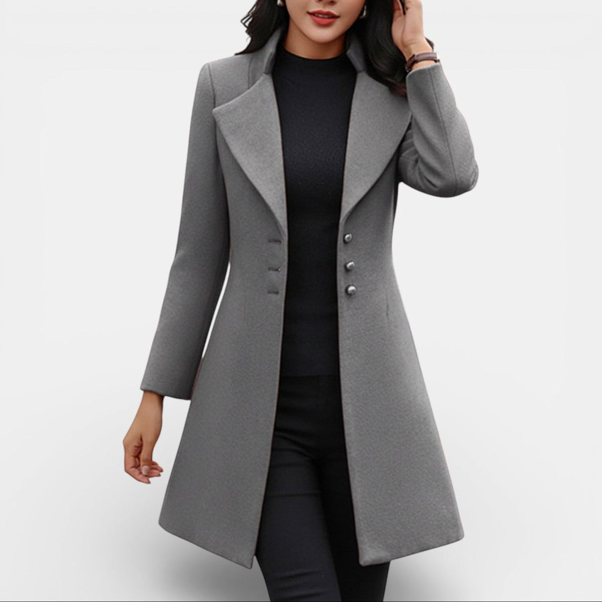 Anouk | Manteau Long Cintré Femme à Grand Col Revers - Gris