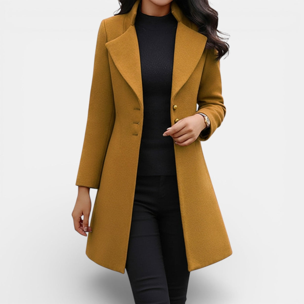 Anouk | Manteau Long Cintré Femme à Grand Col Revers - Moutarde