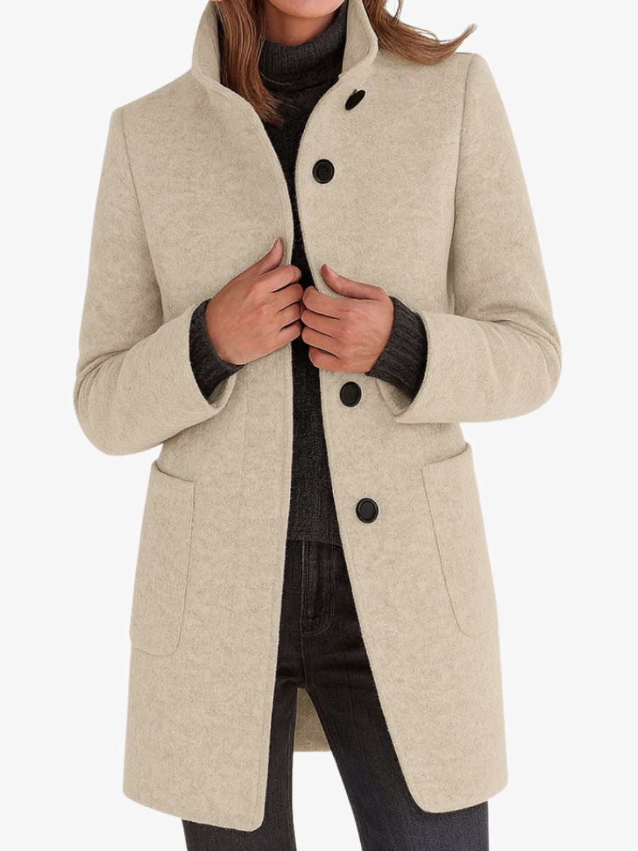 Apolline | Manteau Droit Femme Col Montant Toucher Laine à Poches Plaquées - vue 1