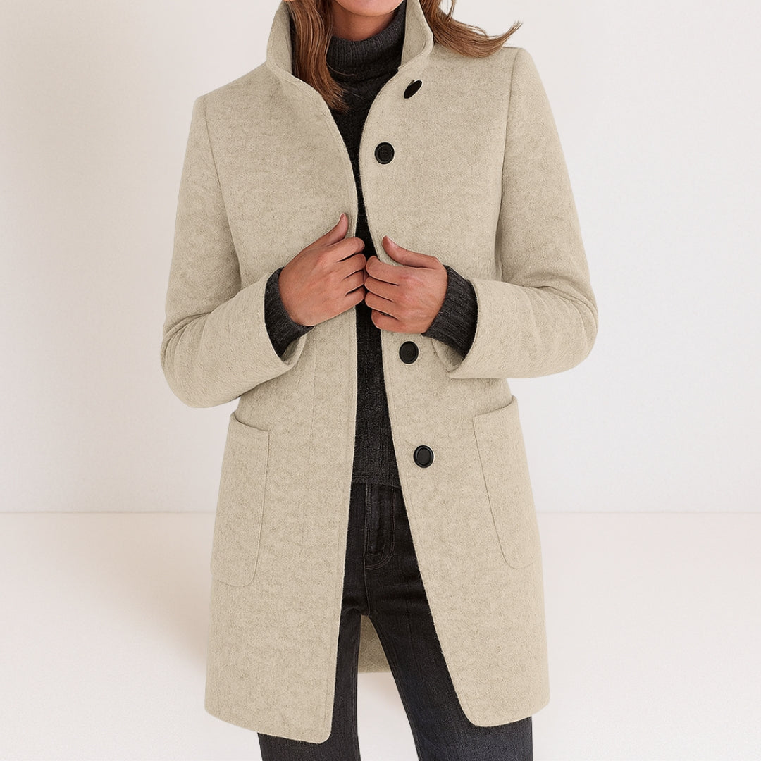Apolline | Manteau Droit Femme Col Montant Toucher Laine à Poches Plaquées - Beige