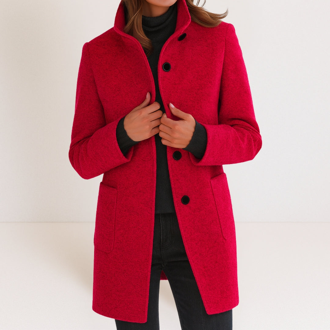 Apolline | Manteau Droit Femme Col Montant Toucher Laine à Poches Plaquées - Rouge
