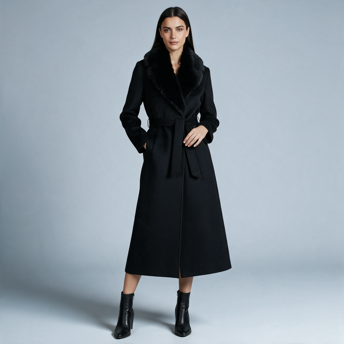 Armance | Manteau Long Femme Toucher Laine à Col en Fausse Fourrure et Ceinture - Noir