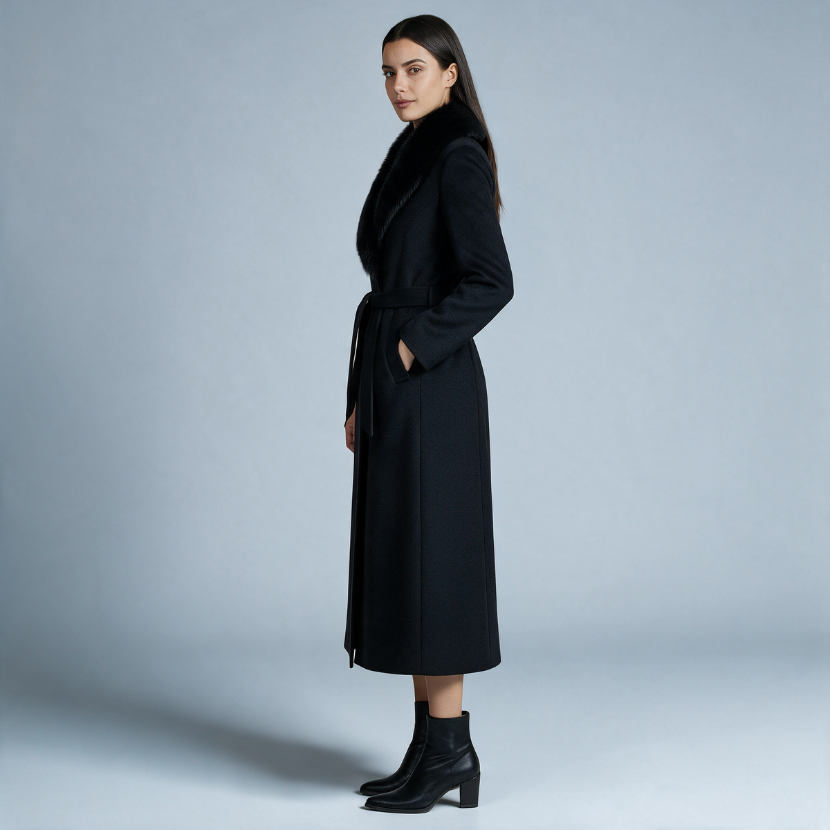 Armance | Manteau Long Femme Toucher Laine à Col en Fausse Fourrure et Ceinture - vue 2