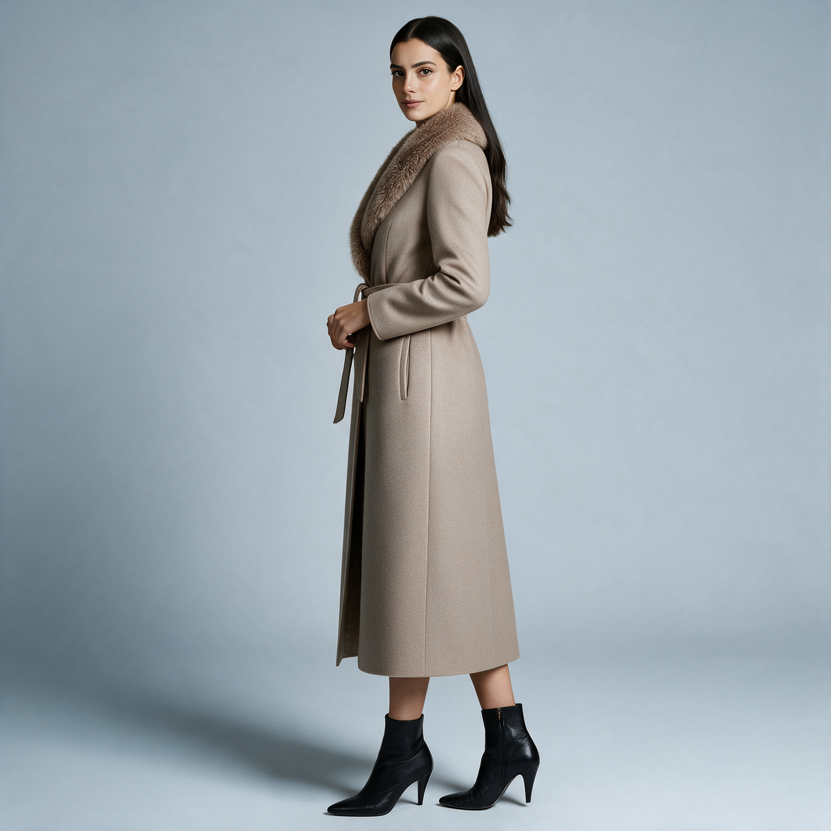 Armance | Manteau Long Femme Toucher Laine à Col en Fausse Fourrure et Ceinture - vue 6