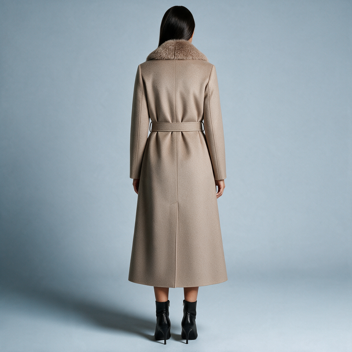Armance | Manteau Long Femme Toucher Laine à Col en Fausse Fourrure et Ceinture - vue 7