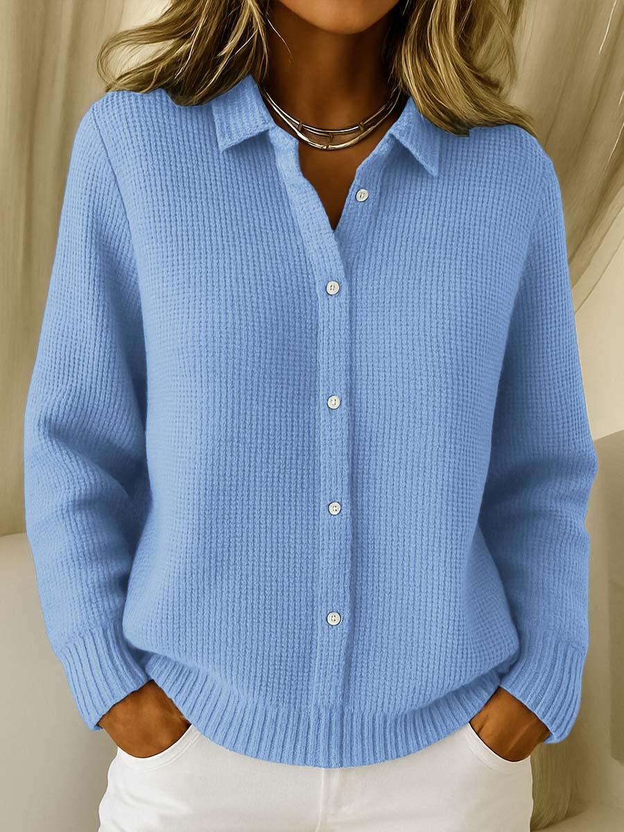 Armelle | Gilet Femme Boutonné à Col Chemise en Maille Gaufrée Oversize - Bleu ciel