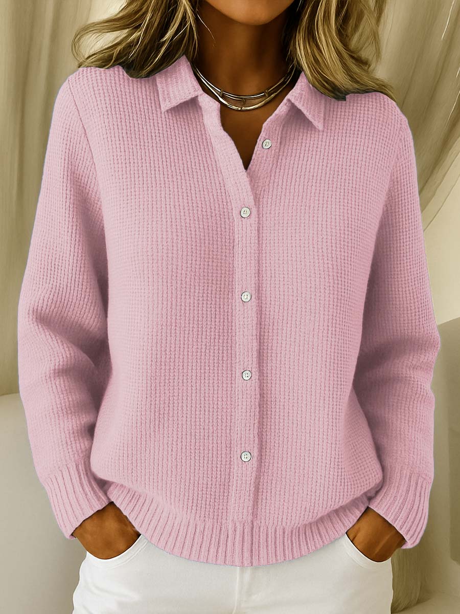 Armelle | Gilet Femme Boutonné à Col Chemise en Maille Gaufrée Oversize - Rose
