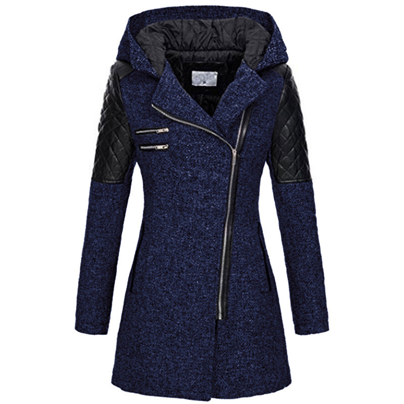 Ines Paris | Manteau d'hiver femme à capuche, zip asymétrique et empiècements effet cuir