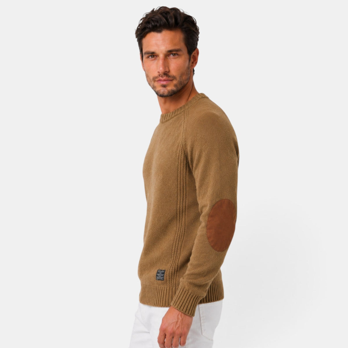Baptiste | Pull Homme Col Rond en Maille Côtelée à Coudières Effet Daim - vue 5