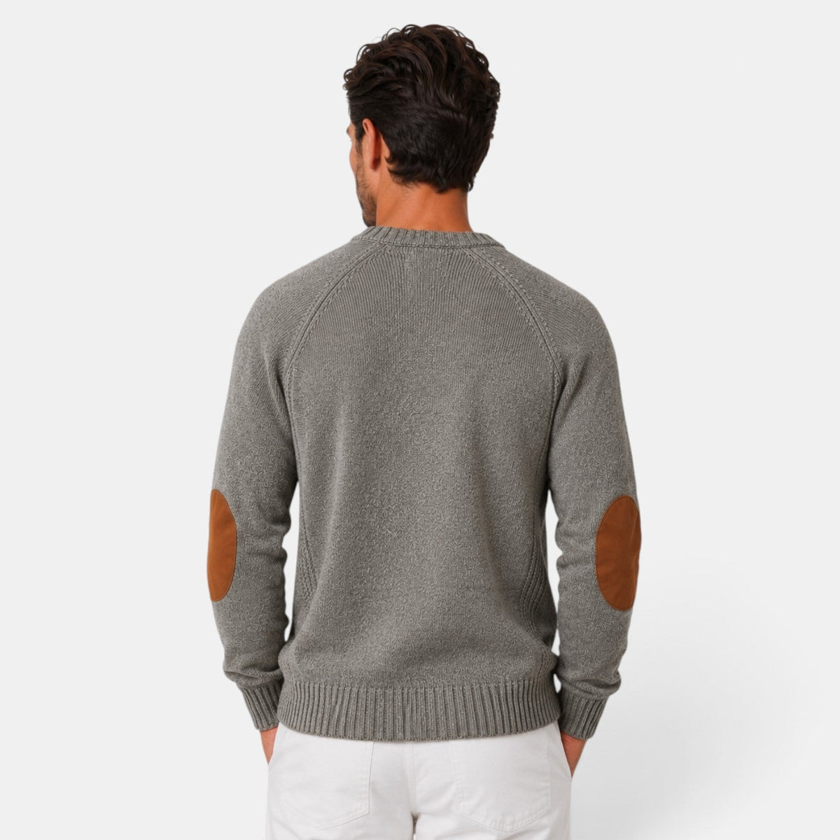 Baptiste | Pull Homme Col Rond en Maille Côtelée à Coudières Effet Daim - vue 9