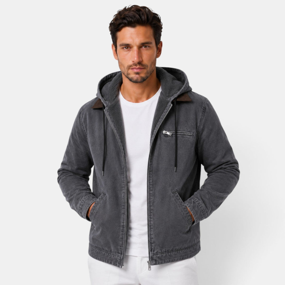 Barthélemy | Veste Homme à Capuche Doublure Polaire en Toile Délavée - Gris