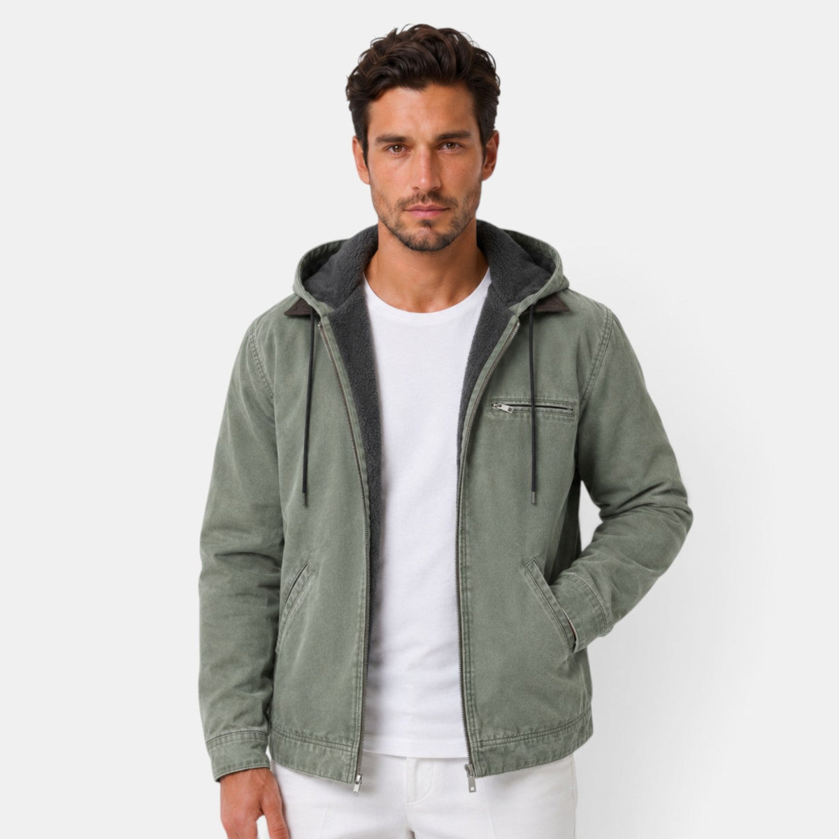 Barthélemy | Veste Homme à Capuche Doublure Polaire en Toile Délavée - Vert