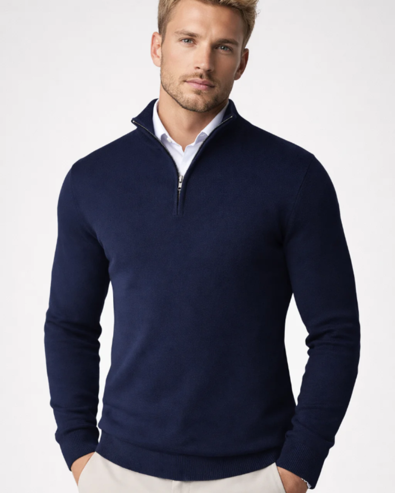 Bastien | Pull Camionneur Homme Col Montant Demi-Zip en Maille Confort - Bleu