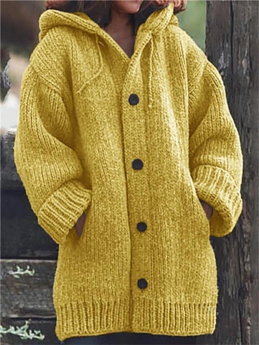 Bérangère | Gilet Long Femme à Capuche en Grosse Maille Boutonné avec Poches - Jaune