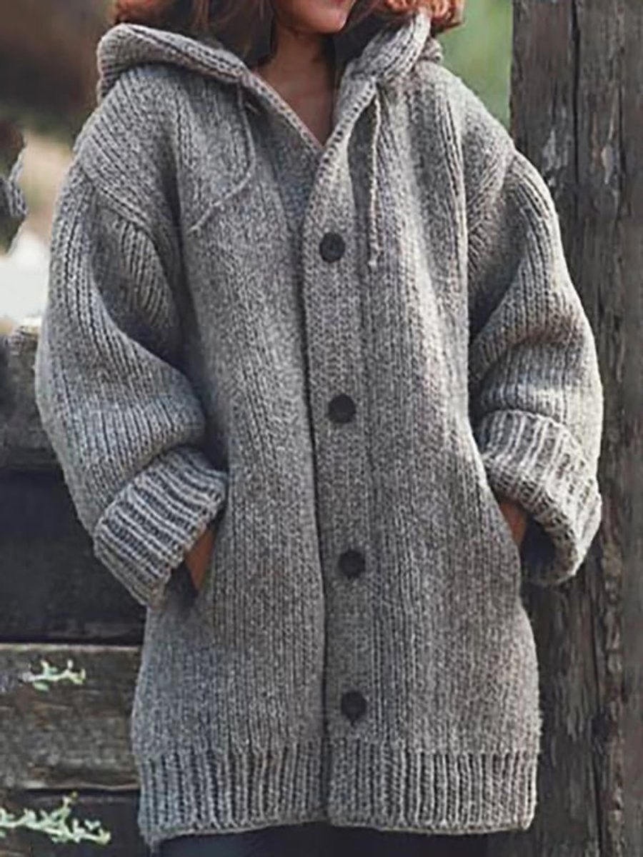 Bérangère | Gilet Long Femme à Capuche en Grosse Maille Boutonné avec Poches - Gris
