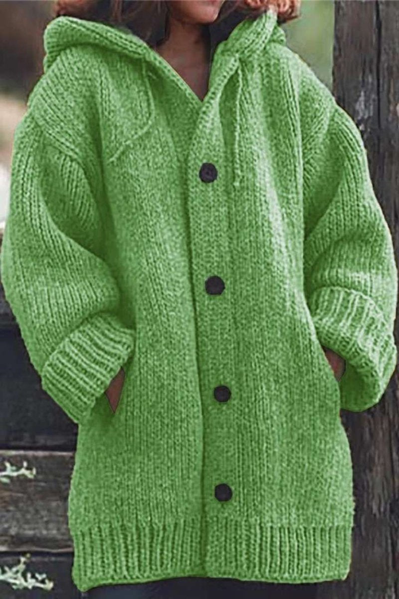 Bérangère | Gilet Long Femme à Capuche en Grosse Maille Boutonné avec Poches - Vert pomme