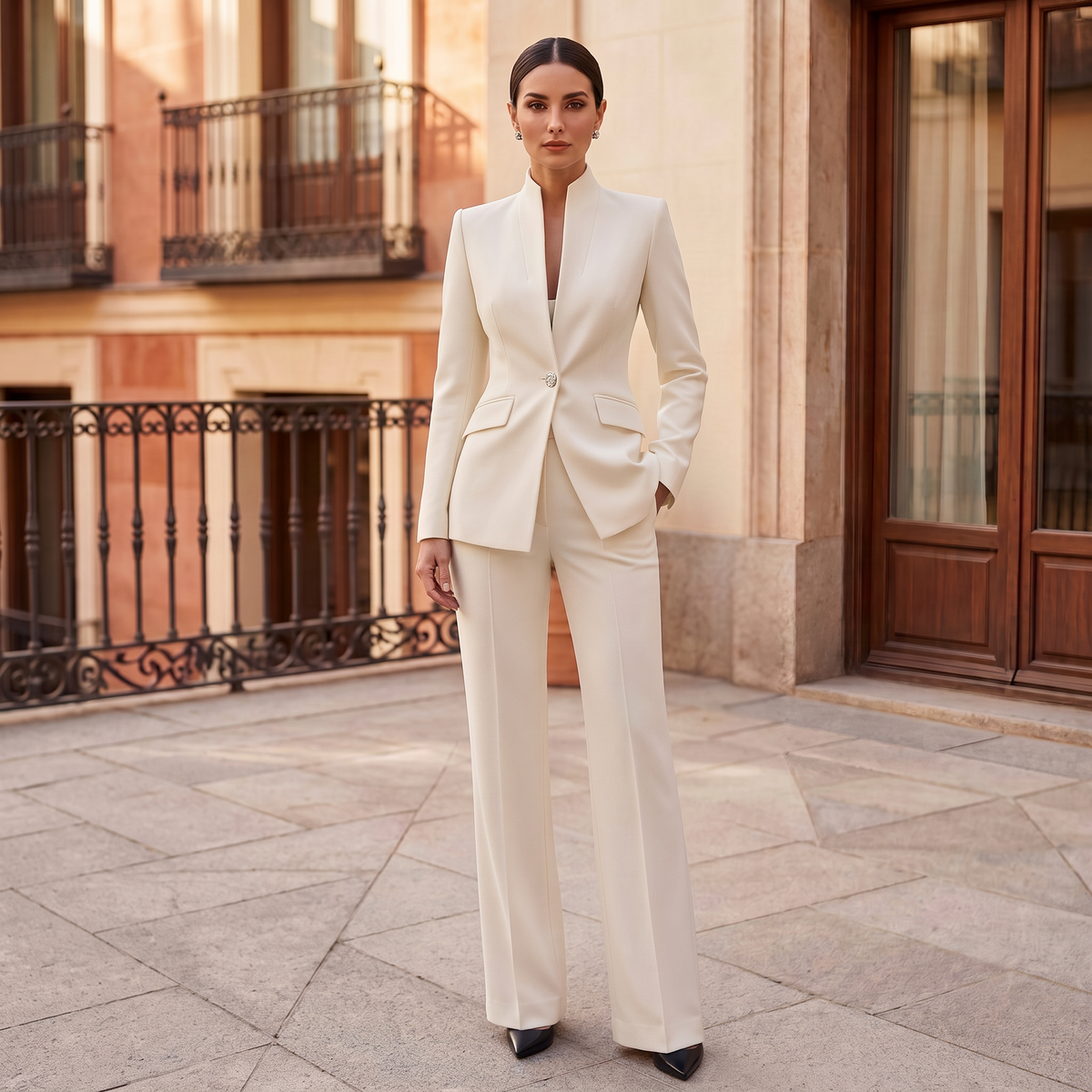 Bertille | Tailleur Pantalon Femme Blazer Cintré à Col Montant et Pantalon Évasé - Blanc cassé