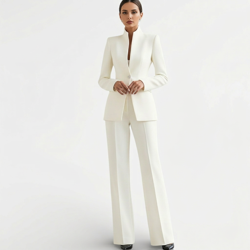 Bertille | Tailleur Pantalon Femme Blazer Cintré à Col Montant et Pantalon Évasé - vue 2