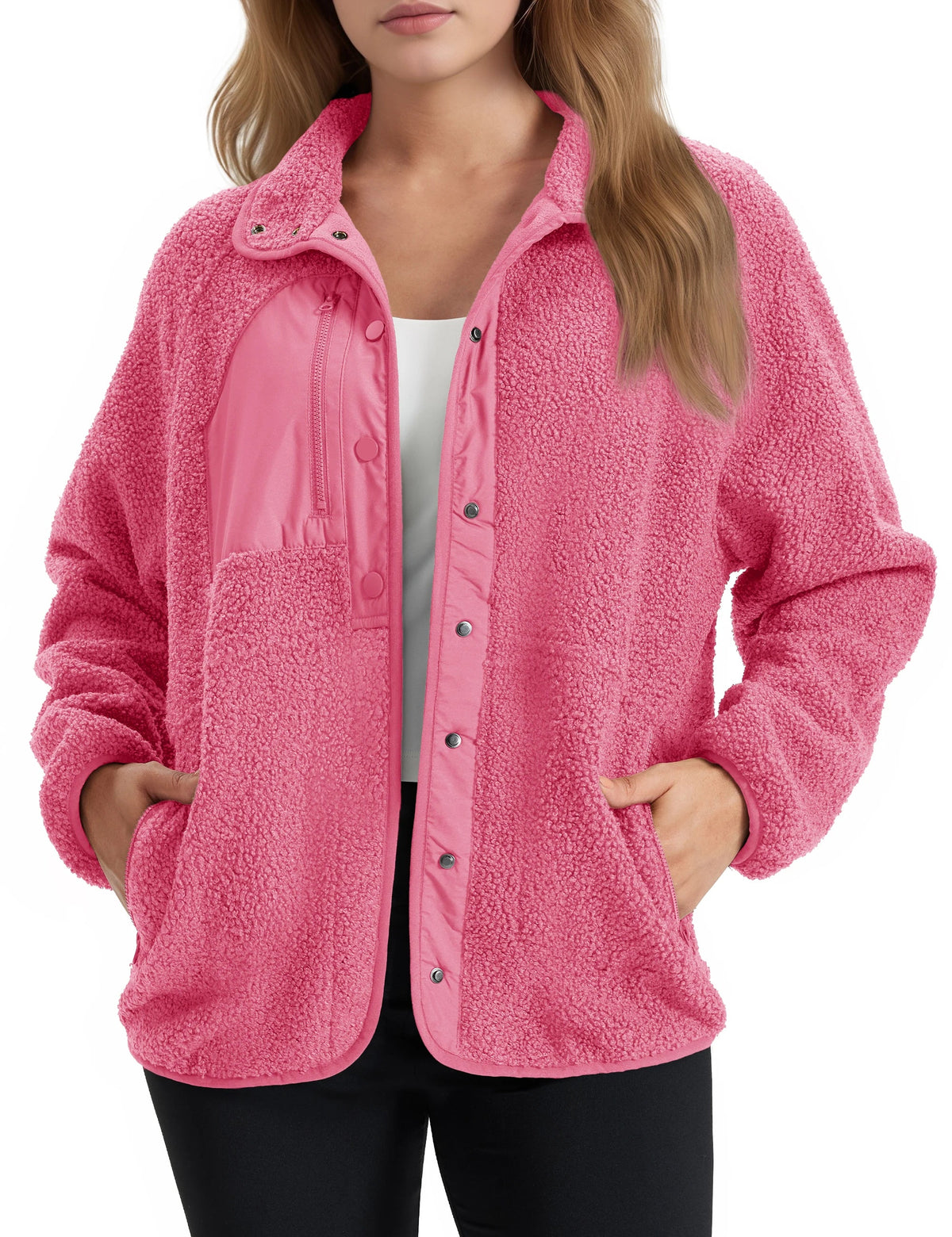 Brigitte | Veste Sherpa Femme à Col Rabattu et Boutons, Poches Latérales - Rouge rosé