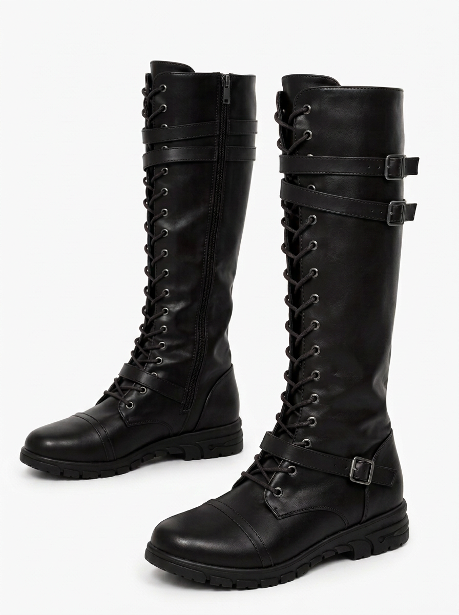 Camille | Bottes Hautes Femme à Lacets et Brides à Boucles Semelle Crantée - Noir