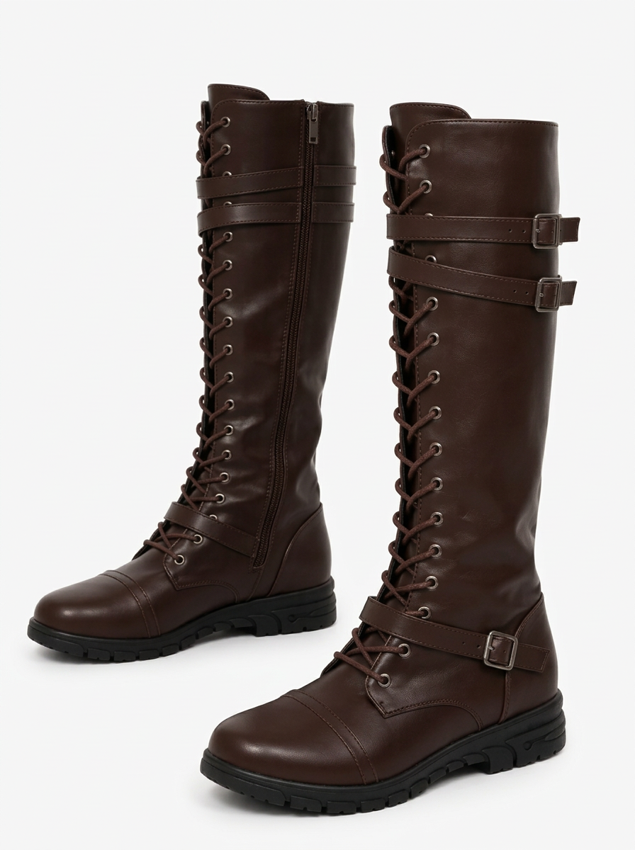 Camille | Bottes Hautes Femme à Lacets et Brides à Boucles Semelle Crantée - Marron foncé
