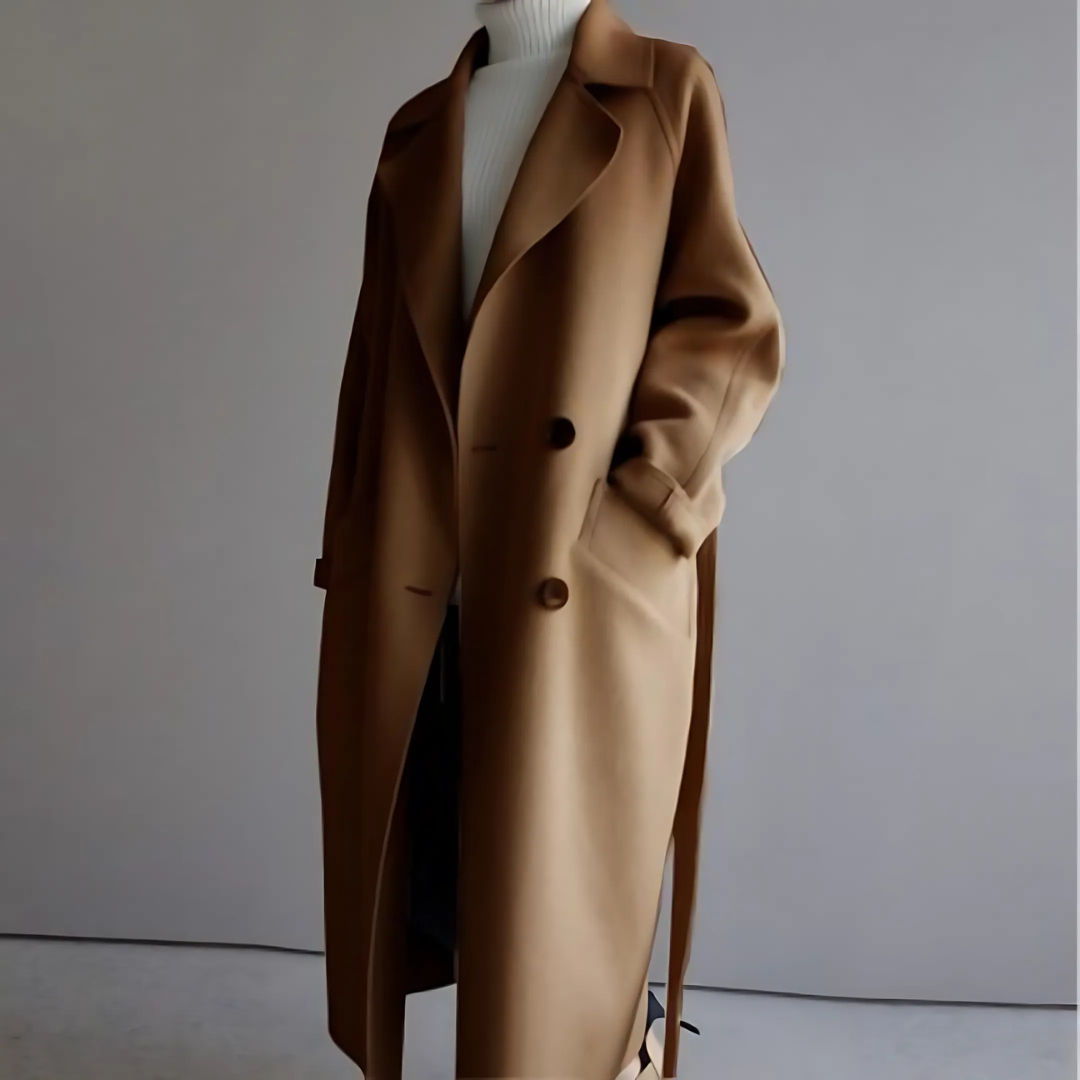 Capucine | Manteau Long Femme Toucher Laine Croisé à Ceinture et Doublure Douce - Camel