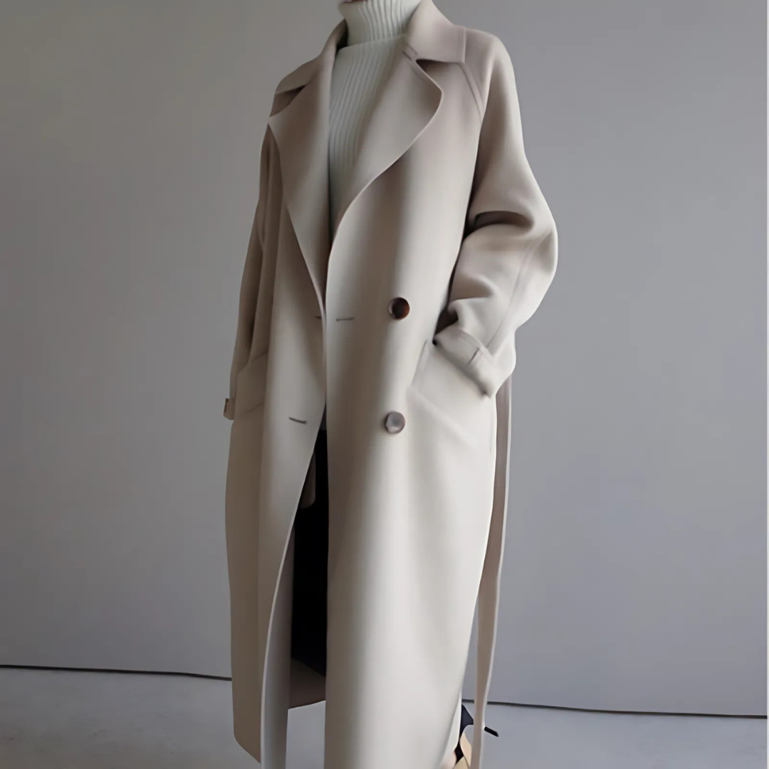 Capucine | Manteau Long Femme Toucher Laine Croisé à Ceinture et Doublure Douce - Beige