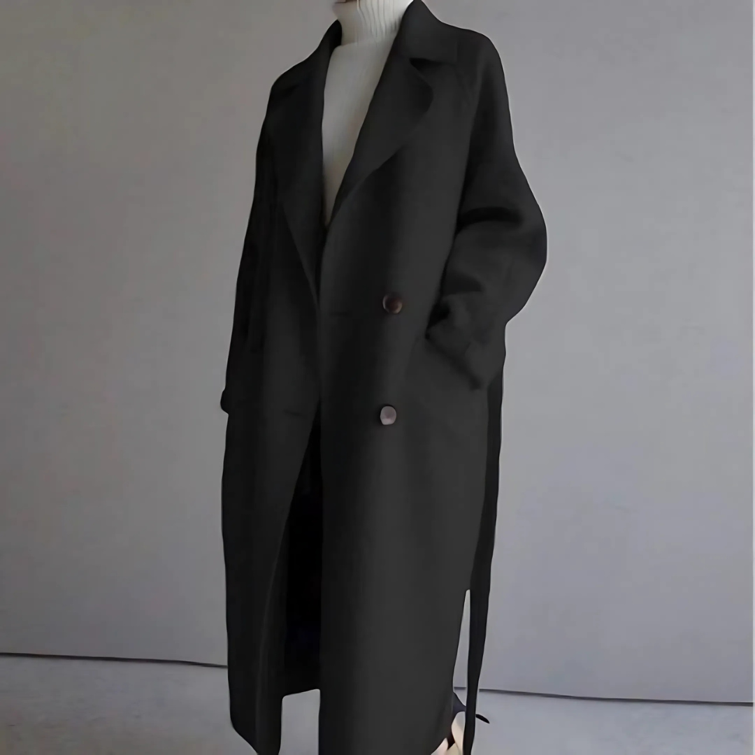 Capucine | Manteau Long Femme Toucher Laine Croisé à Ceinture et Doublure Douce - Noir