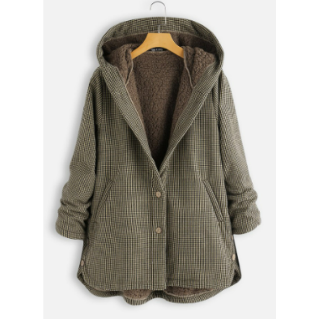 Cécile | Veste à Capuche Femme Doublée Sherpa à Petits Carreaux - Marron