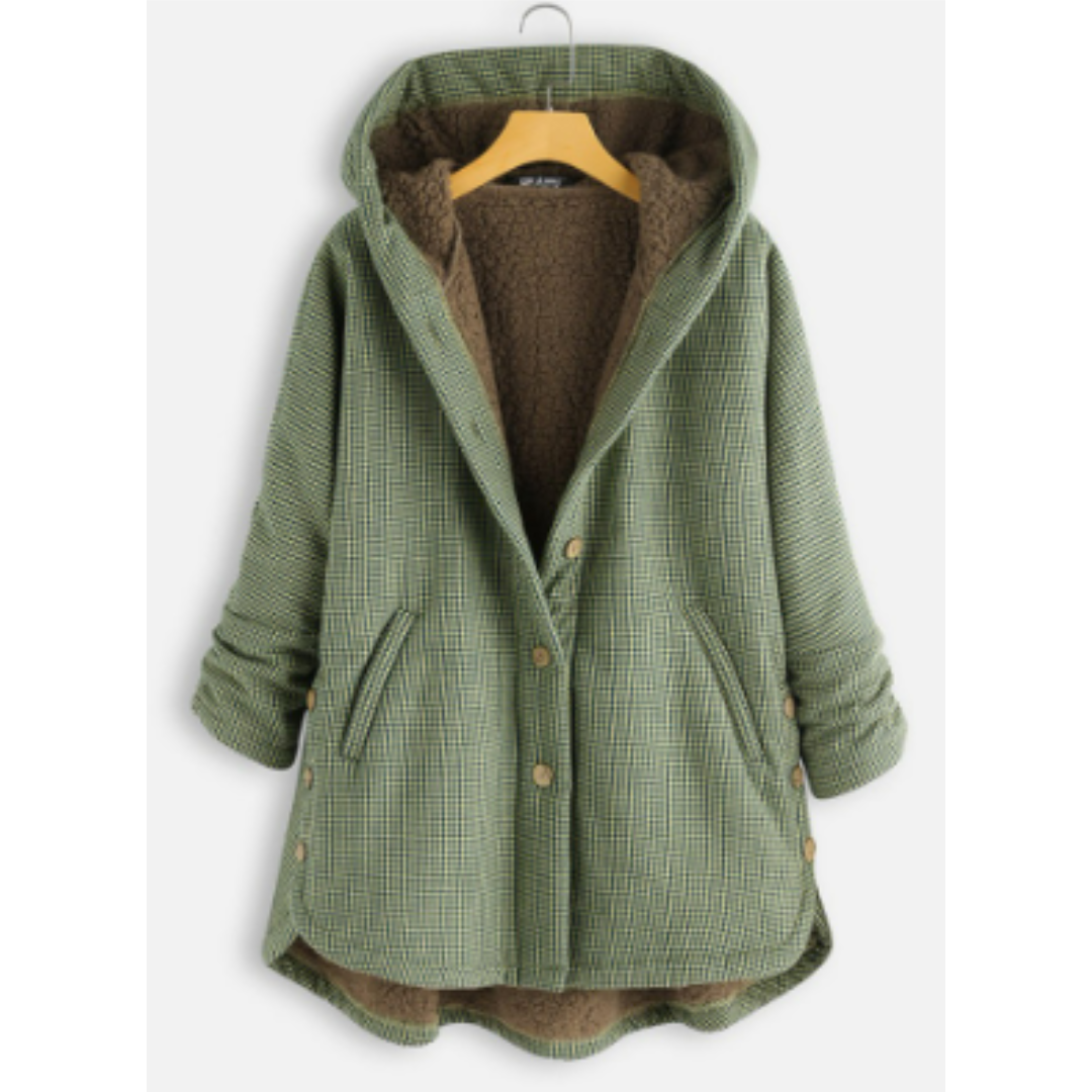 Cécile | Veste à Capuche Femme Doublée Sherpa à Petits Carreaux - Vert