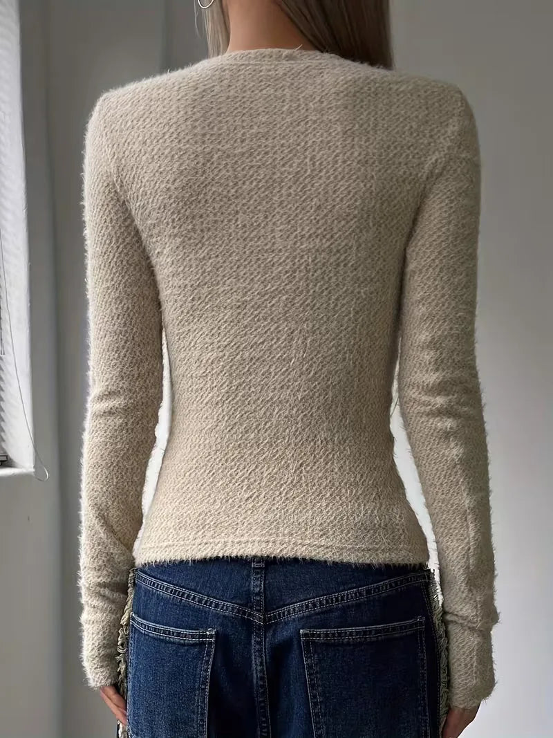 Céleste | Haut Manches Longues Femme en Maille Douce Texturée Col Rond - vue 2