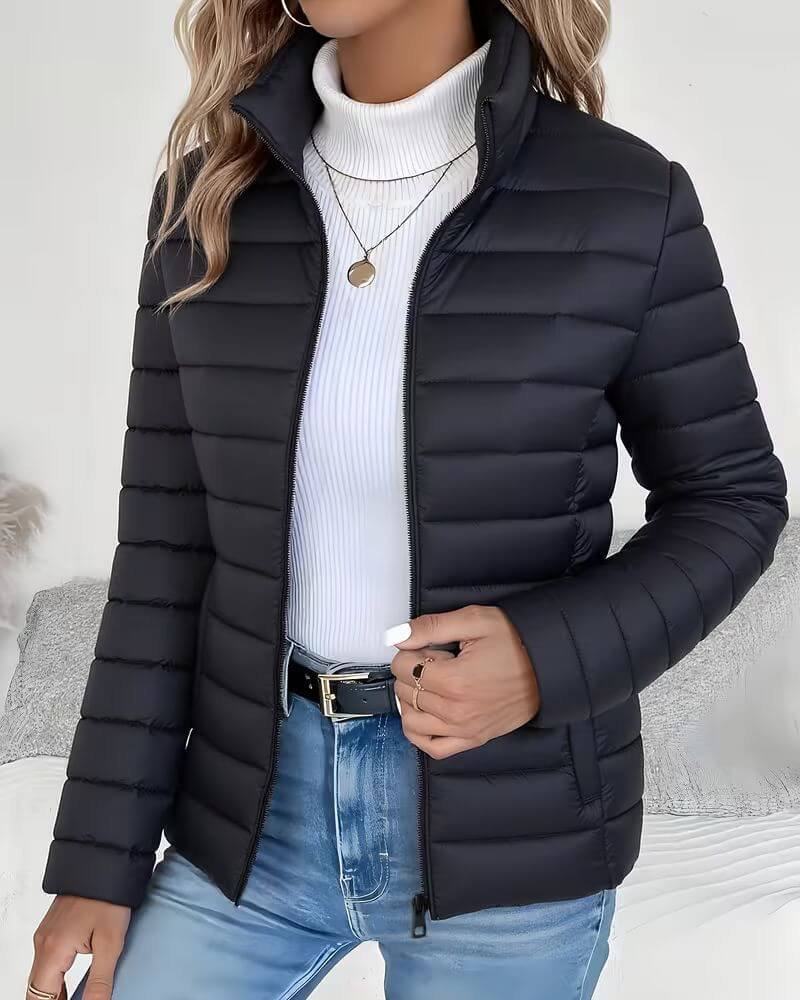 Clarisse | Veste Matelassée Courte Femme Zippée à Col Montant - Noir