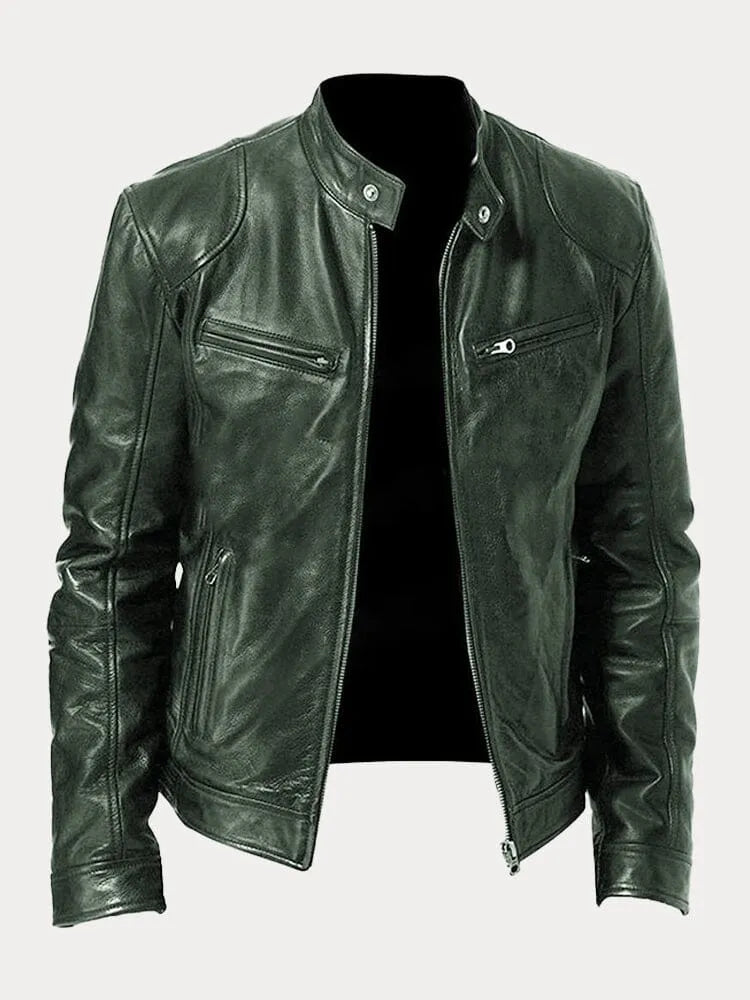 Côme | Blouson Motard Homme Effet Cuir à Col Montant Doublé - Vert kaki