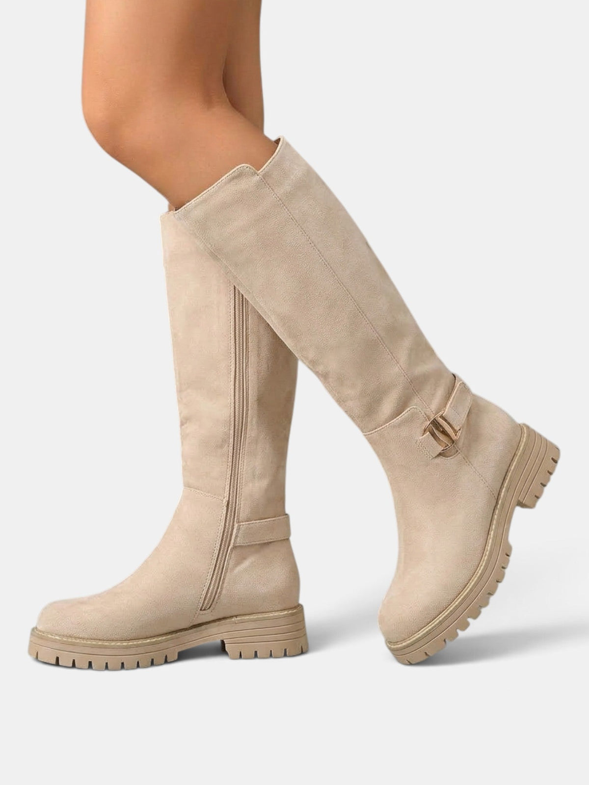 Constance | Bottes Hautes Femme Aspect Daim à Talon Large et Semelle Crantée - Beige