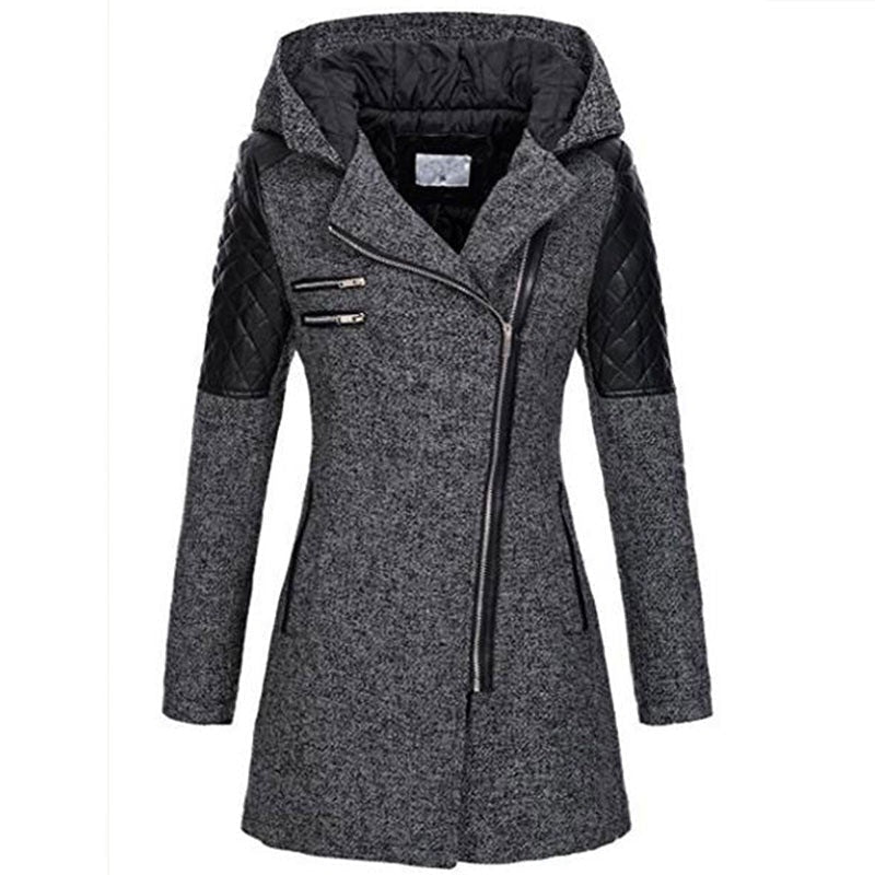 Ines Paris | Manteau d'hiver femme à capuche, zip asymétrique et empiècements effet cuir