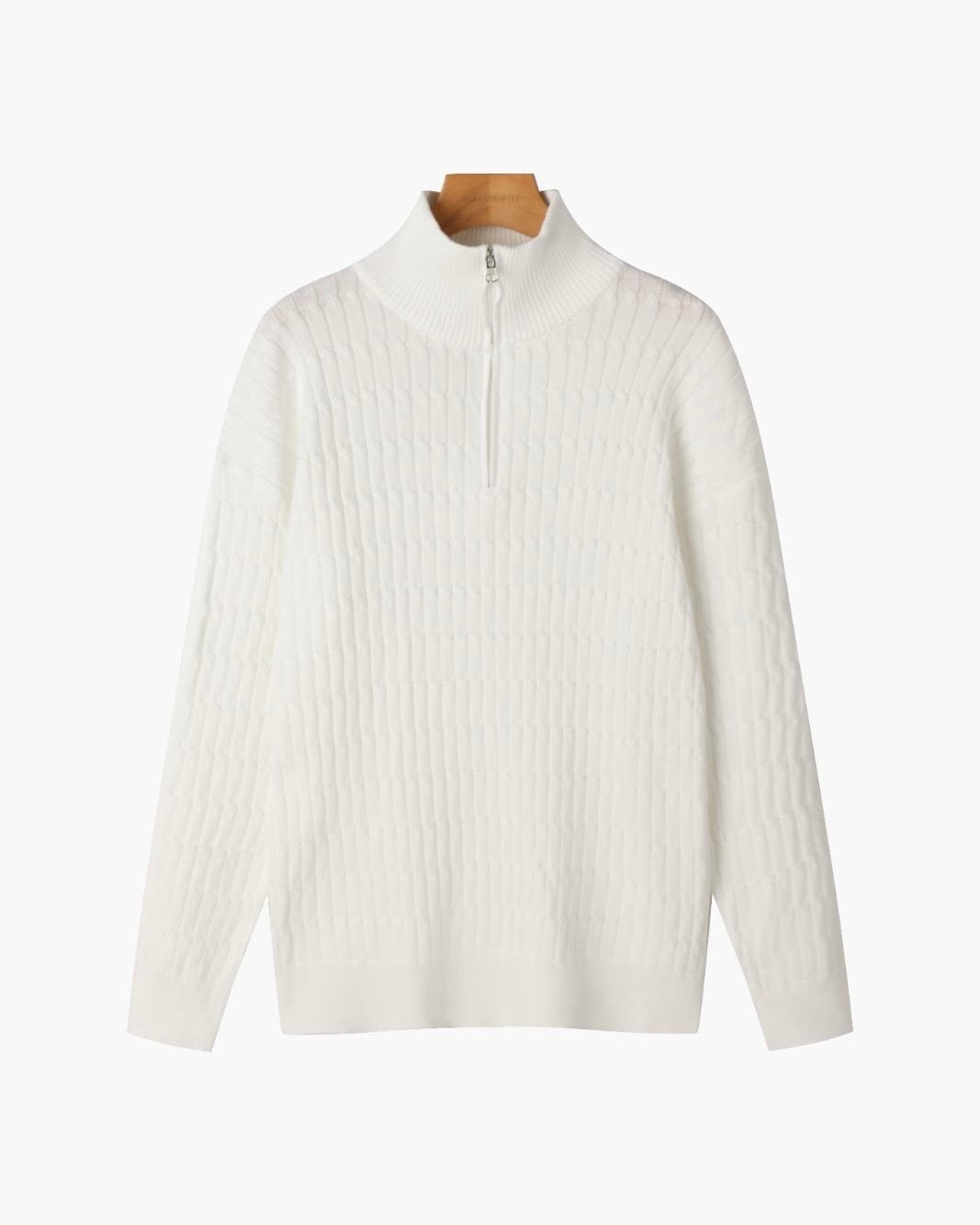 Damien | Pull Homme Demi-Zip en Maille Torsadée à Col Montant - Écru