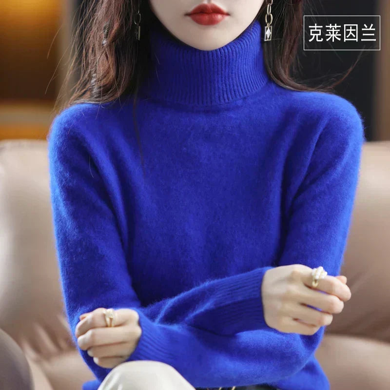 Delphine | Pull Col Roulé Femme Toucher Cachemire Coupe Ajustée - Bleu roi