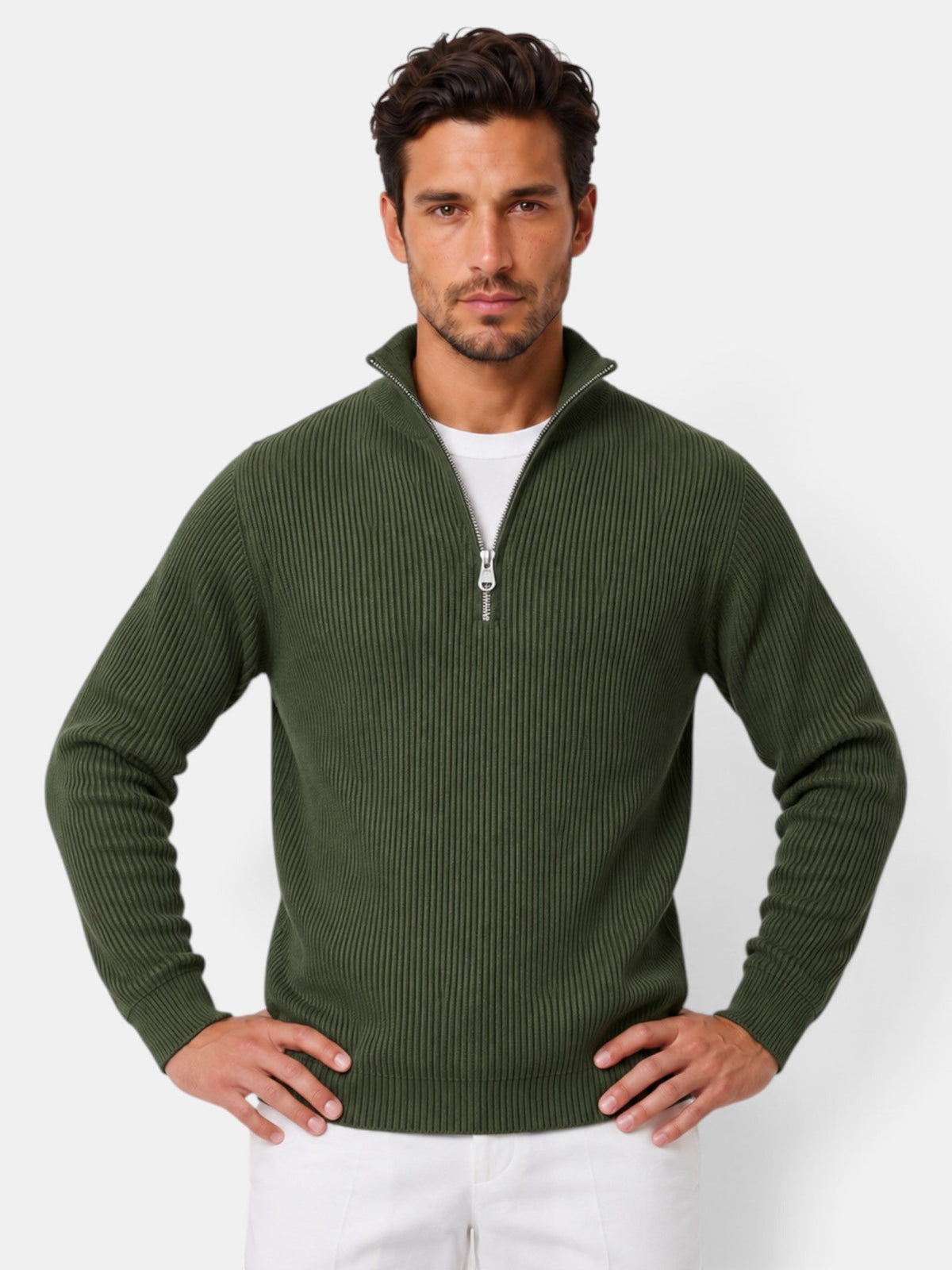 Désiré | Pull Homme Côtelé à Col Zippé Coupe Décontractée - Vert olive