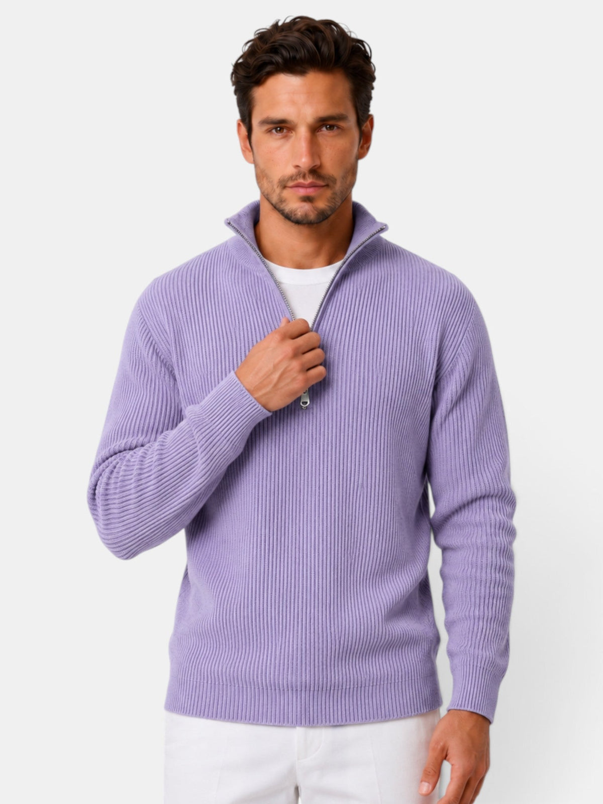 Désiré | Pull Homme Côtelé à Col Zippé Coupe Décontractée - Lilas