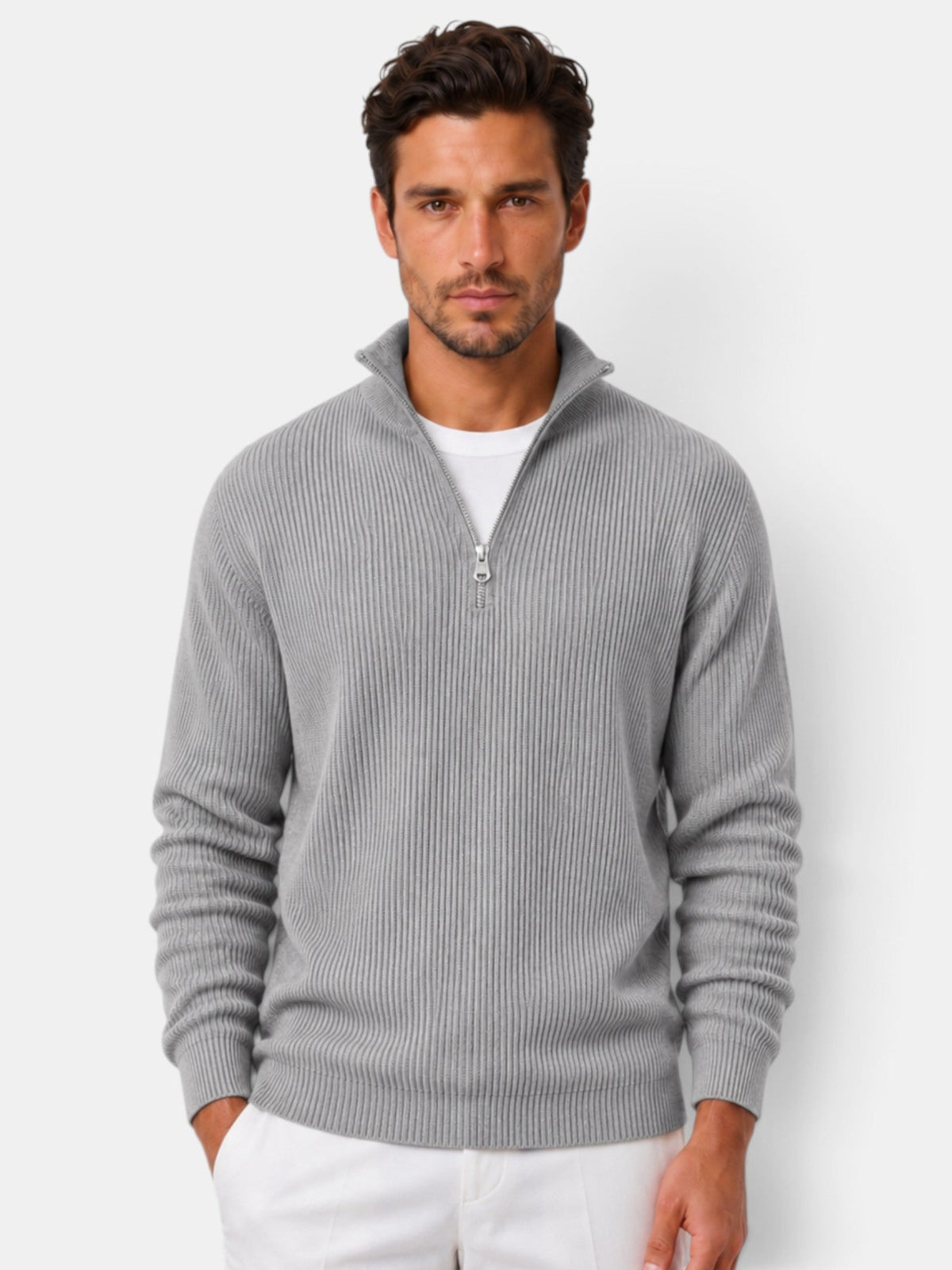 Désiré | Pull Homme Côtelé à Col Zippé Coupe Décontractée - Gris