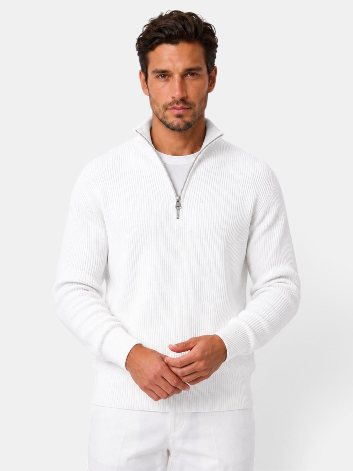 Désiré | Pull Homme Côtelé à Col Zippé Coupe Décontractée - Blanc