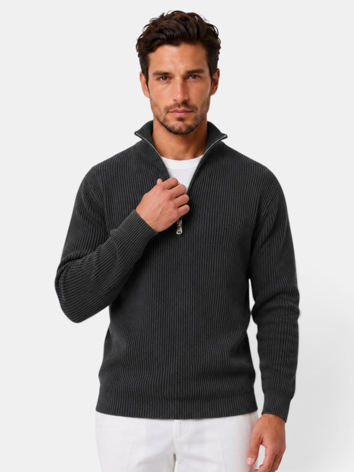 Désiré | Pull Homme Côtelé à Col Zippé Coupe Décontractée - Noir
