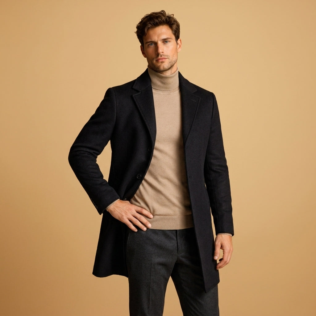 Édouard | Manteau Long Homme Toucher Laine, Coupe Tailleur Boutonnée - Noir