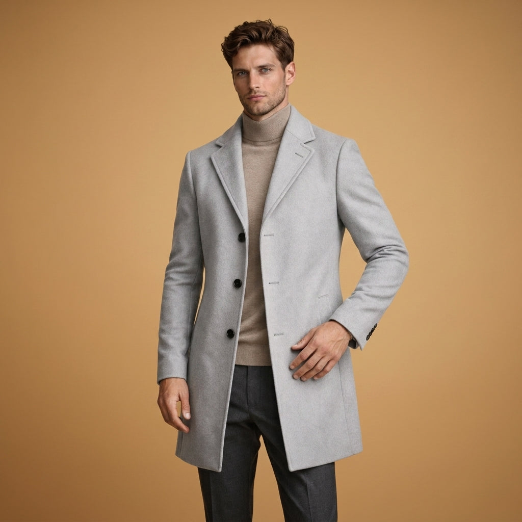 Édouard | Manteau Long Homme Toucher Laine, Coupe Tailleur Boutonnée - Gris clair